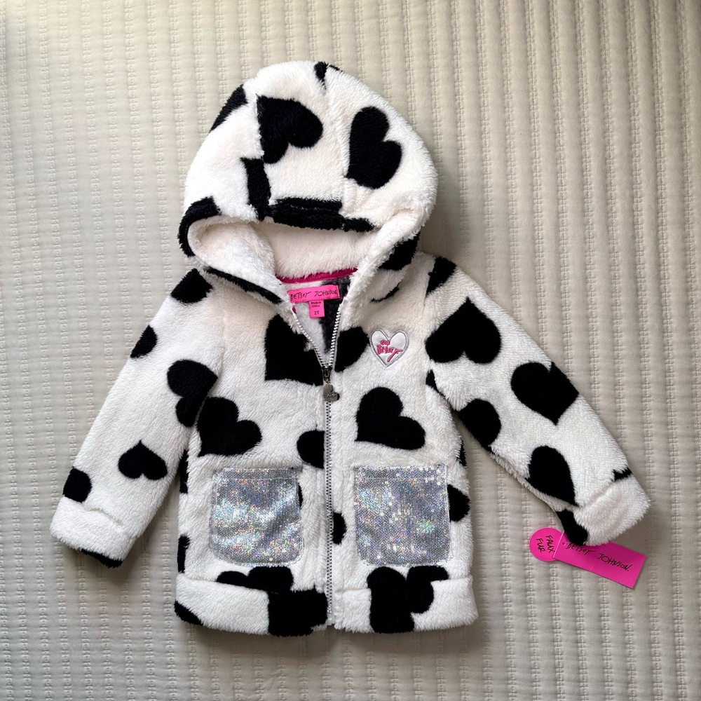 New Betsey Johnson Heart Cow Print Faux Fur Hooded Jacket 2T